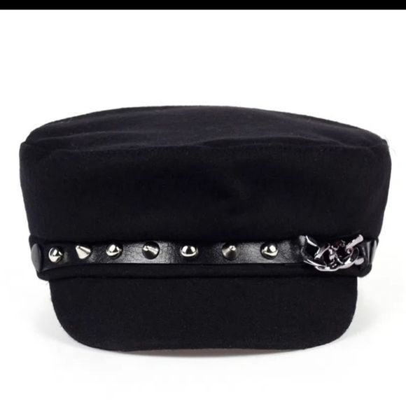 Black silver studded chain biker/military botique style hat new - Picture 2 of 8